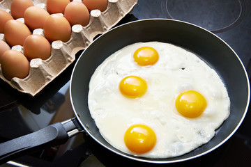 Fried eggs close up on glass ceramic stove
