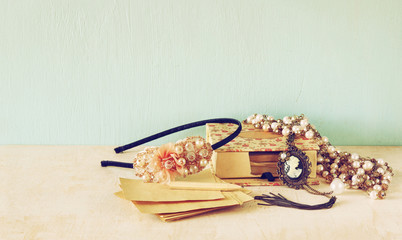 A collection of romantic vintage jewelry. retro filtered image. 