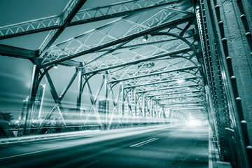 Night traffic lights inside of the  Waibaidu Bridge of shanghai