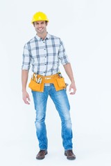 Technician standing over white background