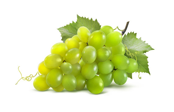 Green grapes horizontal and leaves isolated on white background