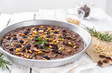 Italian typical Tuscan cake, castagnaccio.Chestnut bread.