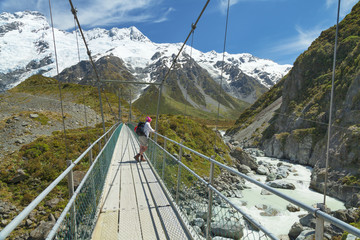 Wandern, Hooker Valley, hängebrücke, neuseeland