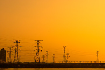 high voltage post.High-voltage tower sky background.