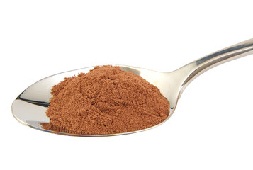 Cocoa powder in a metal spoon isolated on white background.