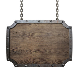 wood medieval sign hanging on chains isolated