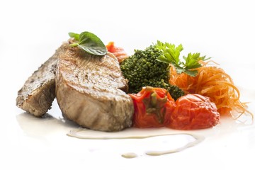 Meat Steak with Vegetables on white background