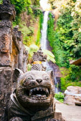 Hindu dragon statues detail with waterfall Gitgit