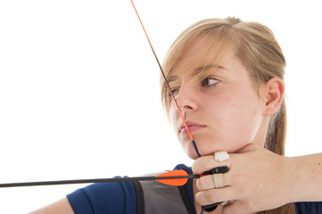 Girl aiming with bow and arrow in closeup - 76360003