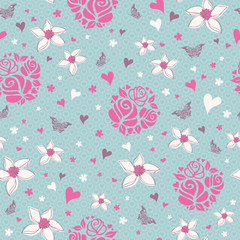 seamless pattern with flowers, hearts and butterflies