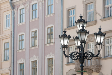 Fototapeta na wymiar Street lamp in historic Old Town district, Lviv