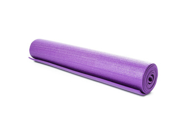 Close up purple yoga mat for exercise isolated