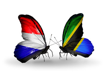 Two butterflies with flags Holland and Tanzania