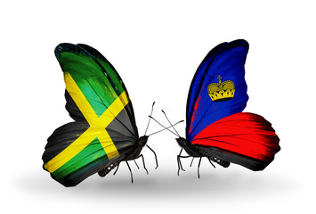 Two butterflies with flags Jamaica and Liechtenstein
