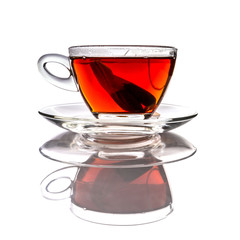 Cup of tea with teabag over white