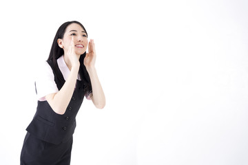 Fototapeta premium 白バック 金融系OL 応援するポーズと笑顔