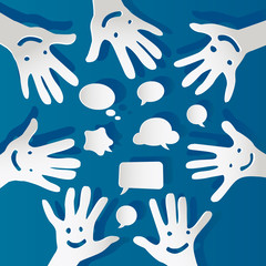 paper hands with happy faces and bubbles speech