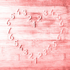Heart of  numbers on wooden background in red