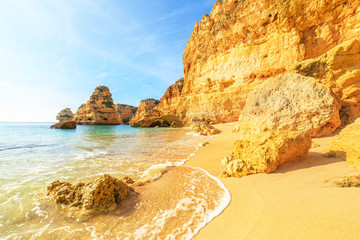 A view of a cliffs near Lagos City, Algarve region, Portugal, Eu