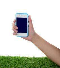 Hand holding and operating a smart phone isolated on white