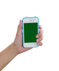 Hand holding a smart phone isolated on white