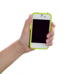 Hand holding a smart phone isolated on white
