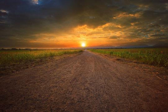 beautiful land scape of dusty road perspective to sun set sky wi