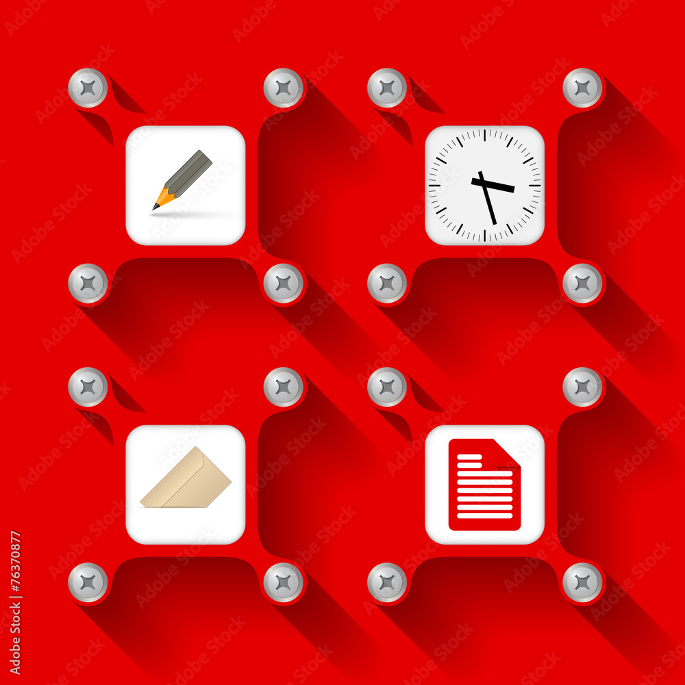 Poster four red objects with screws and icons