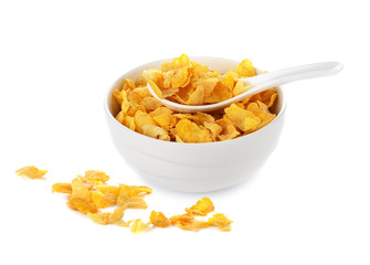 cornflakes in white bowl isolated on white - 76372245