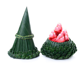 Flower decorated on tray with pedestal isolated on white backgro