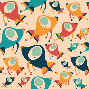 Seamless pattern with colorful retro rockets.