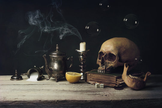 Vanitas with Skull and Tea Set, Book and Soap Bubbles