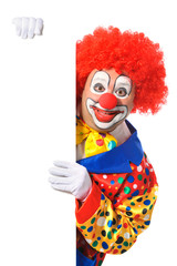Clown with blank board isolated on white