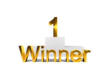 golden first place standing on white winner podium