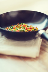 close up of wok pan with vegetables