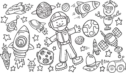 Washable wall murals Cartoon draw Outer Space Doodle Vector Illustration Art Set
