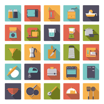Flat Design Cooking and Kitchen Vector Icons Set