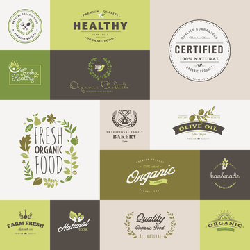 Set of flat design icons for organic food and drink