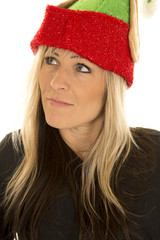 blond woman elf hat close look up