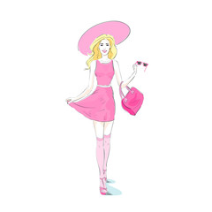 fashion woman pink sexy dress, hat stocking isolated white