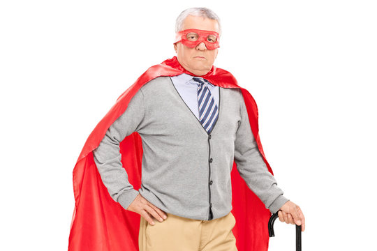 Senior superhero posing with a cane