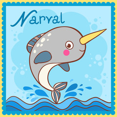 Illustrated alphabet letter N and narval.