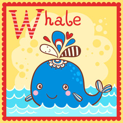 Illustrated alphabet letter W and whale.