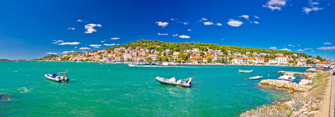 Coastal town of Tisno panorama - obrazy, fototapety, plakaty