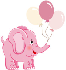 Cute pink elephant holding balloons