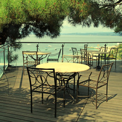 terrace outdoor cafe and sea view in Greece.