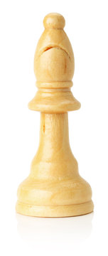 white wooden chess bishop on the white background