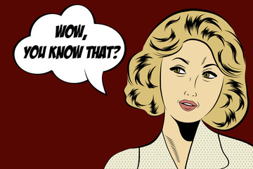 pop art cute retro woman in comics style with message