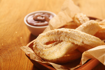 Close up Mouth Watering Churros on Tray