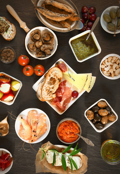Wide Variety Tapas on Brown Table